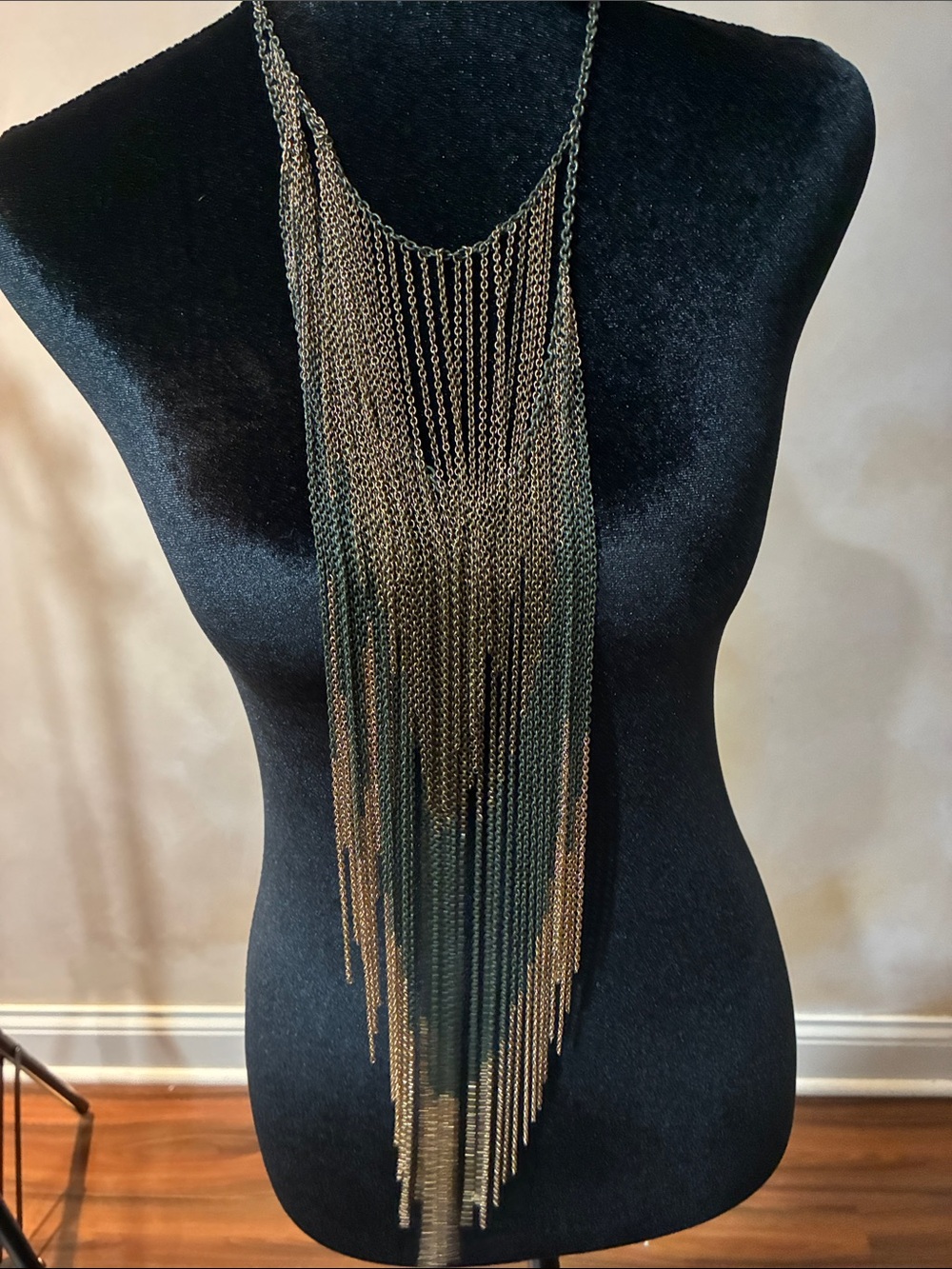 Express Long Layered Fringe Necklace in Gold and Olive